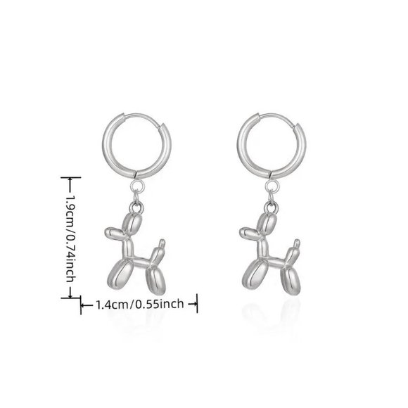 Earrings Balloon Dog Silver Puppy Whimsical Dangle Clown Circus Fun Poodle Puppy - Picture 2 of 2